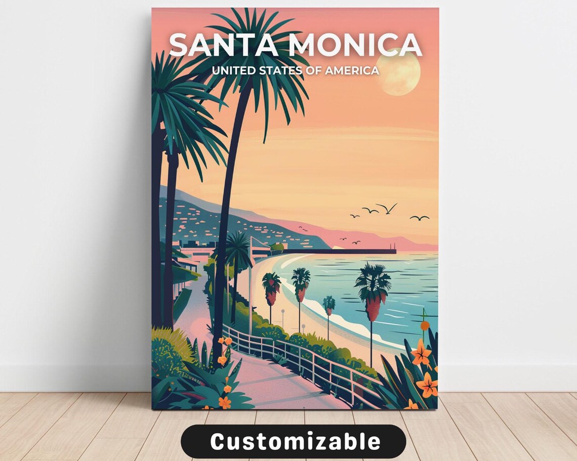 Santa Monica Beach Palm Tree Ocean Sunset Retro Travel Poster