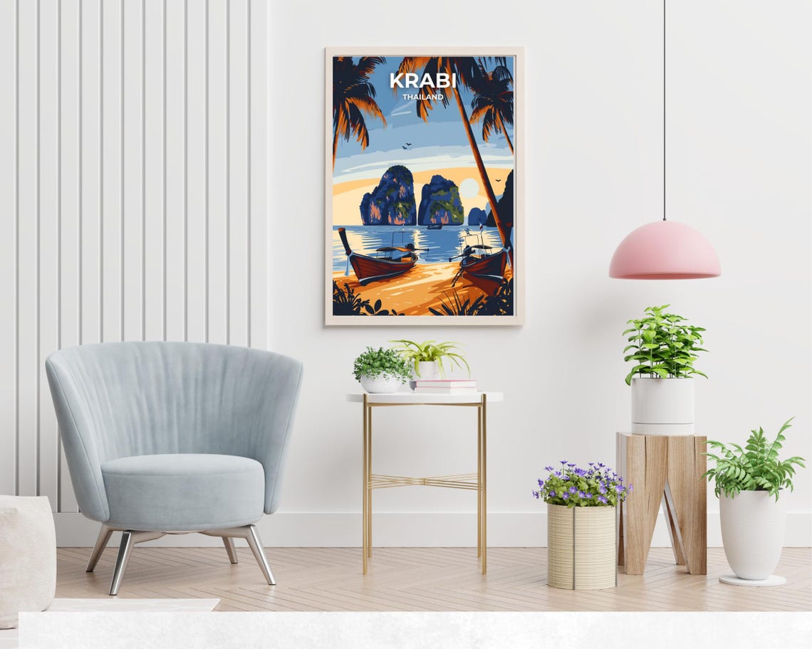 Krabi Thailand Longtail Boats Limestone Cliffs Beach Travel Poster - Image 2