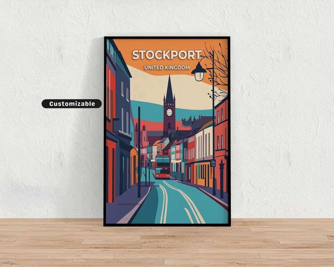 Stockport United Kingdom Sunset Street Clock Tower Travel Poster