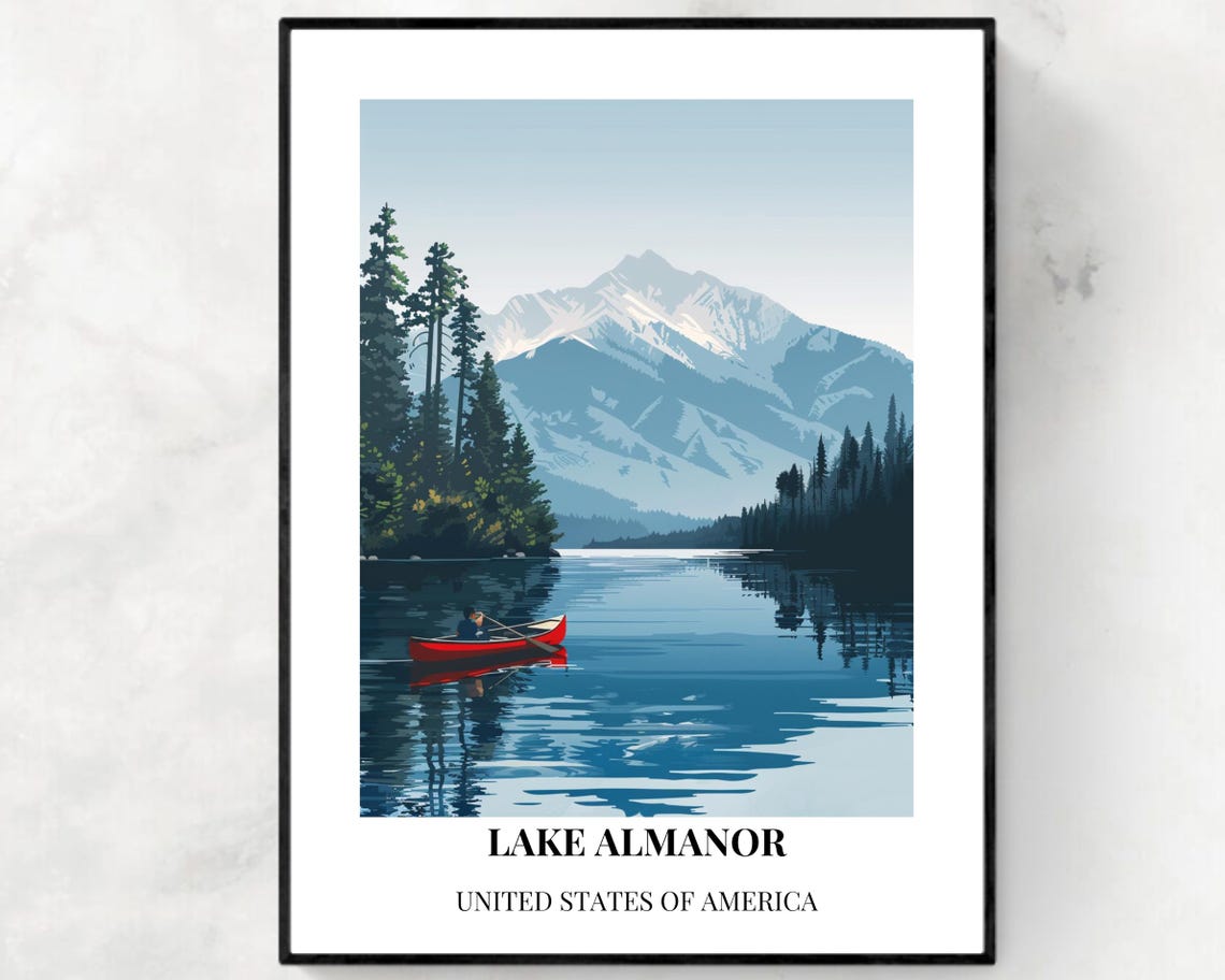 Lake Almanor Red Canoe Snowy Peak Sunset Vintage Travel Poster
