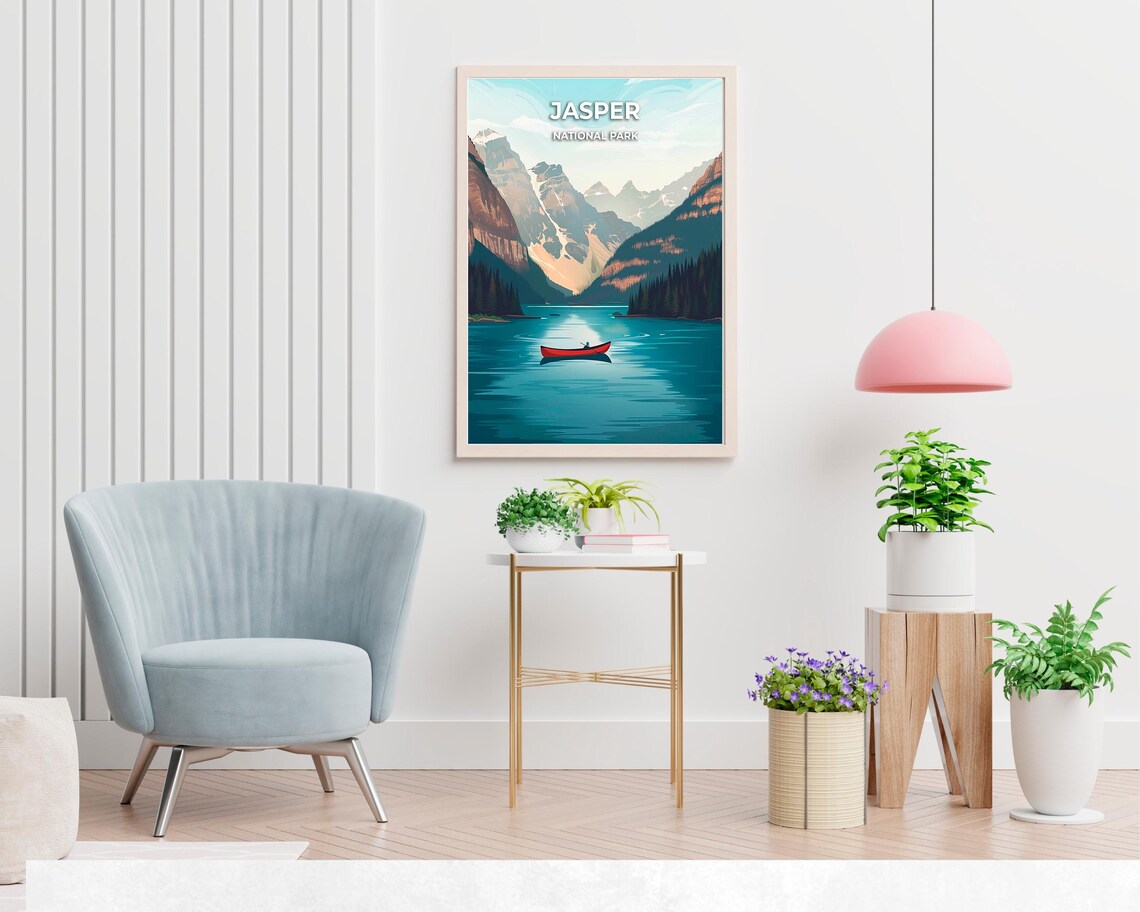 Jasper National Park Red Canoe Turquoise Lake Mountains Poster - Image 2