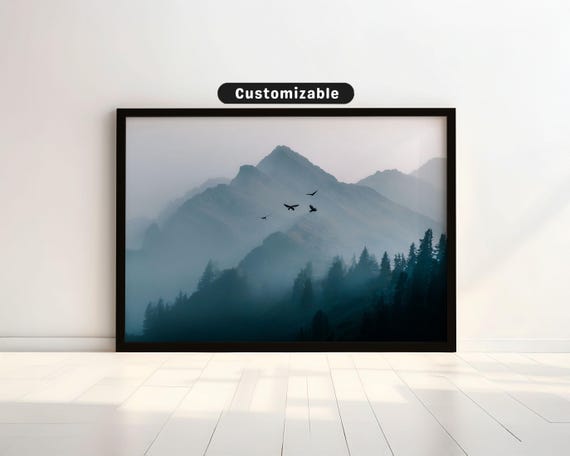 Mountains Disappearing In Mist With Bird Silhouettes Japanese Wall Art Print Zen Asian Decor