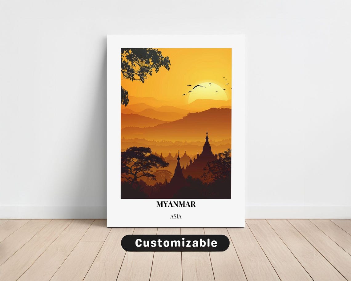 Myanmar Asia Golden Sunset Ancient Temples Custom Travel Poster