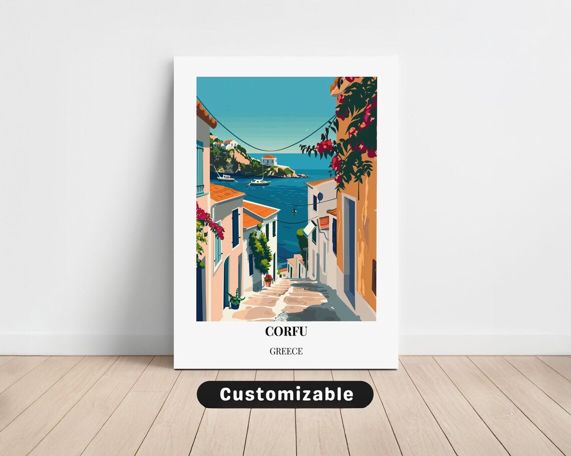 Corfu Greece Cobblestone Lane Seaside Village Vintage Travel Poster