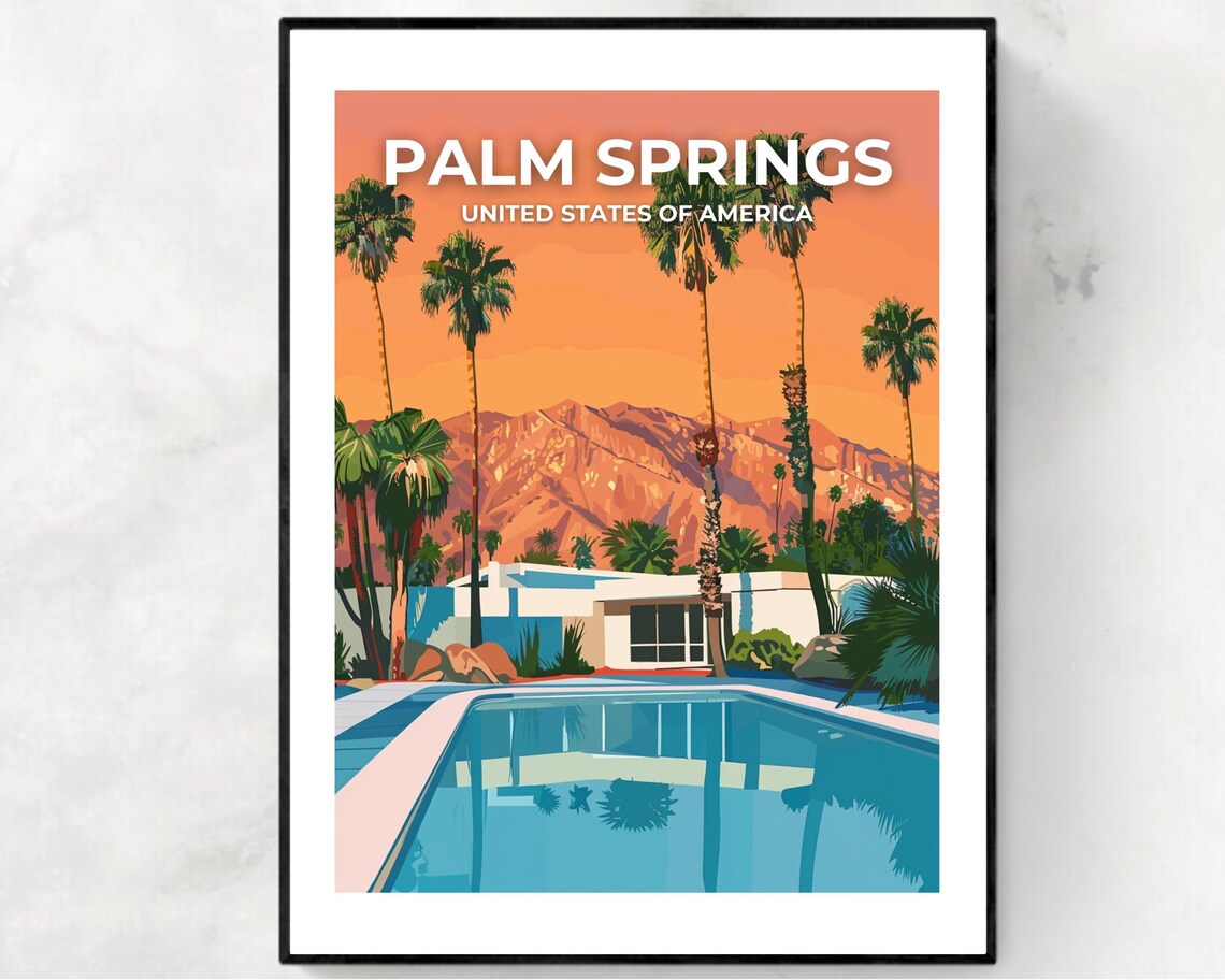 Palm Springs Mid Century Pool Villa Sky Banner Retro Travel Poster
