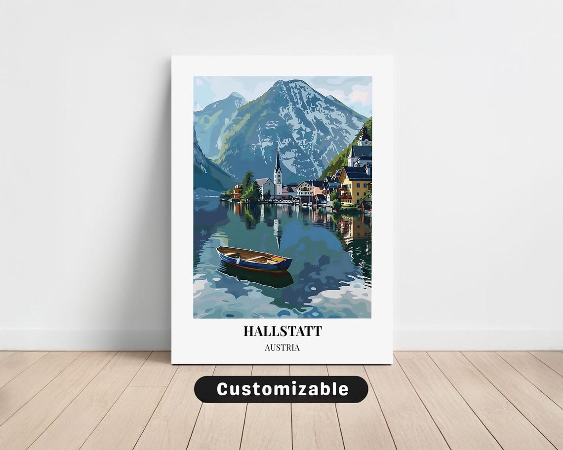 Hallstatt Austria Travel Poster Lakeside Village Alpine Lake Scene