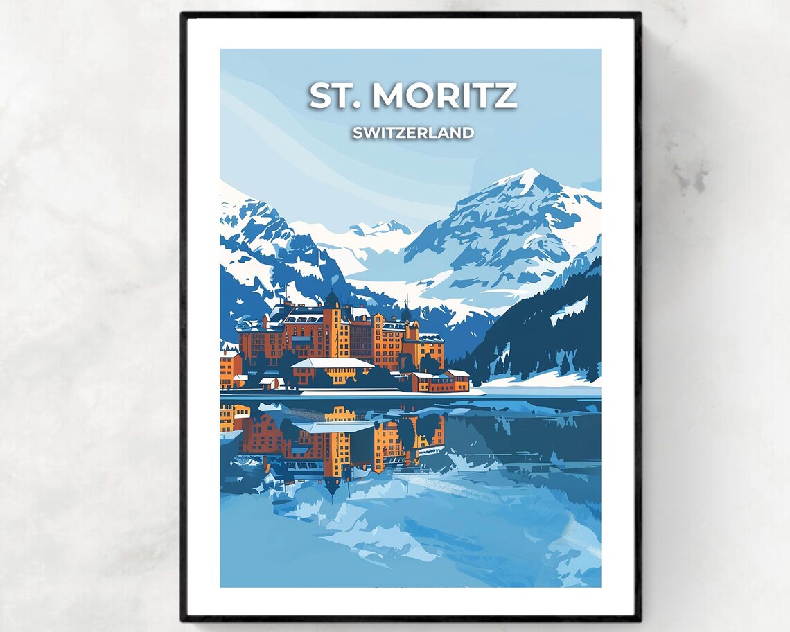 St Moritz Switzerland Winter Lake Vintage Ski Travel Art Poster