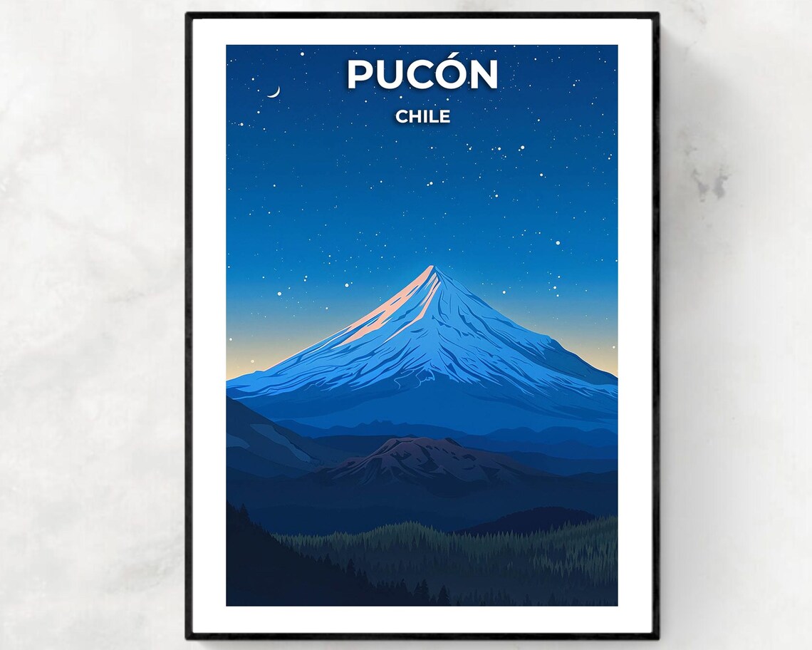 Pucón Chile Villarrica Volcano Starry Night Illustrated Travel Poster