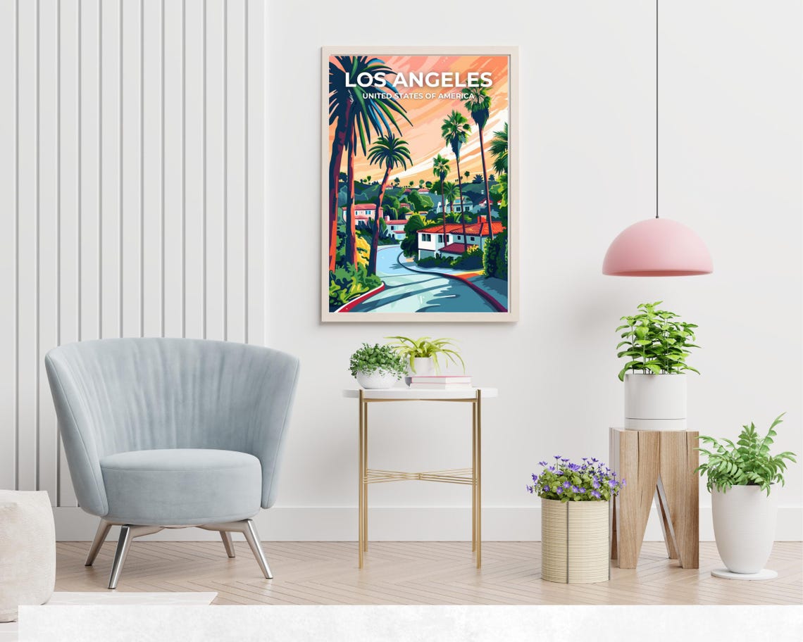Los Angeles Sunset Palm Trees Travel Poster With Skyline Sky Title - Image 2