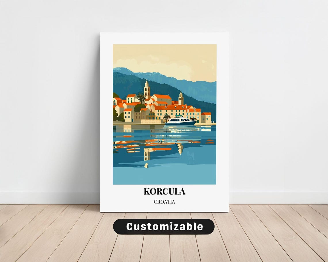 Korcula Croatia Old Town Harbor Vintage Mediterranean Travel Poster