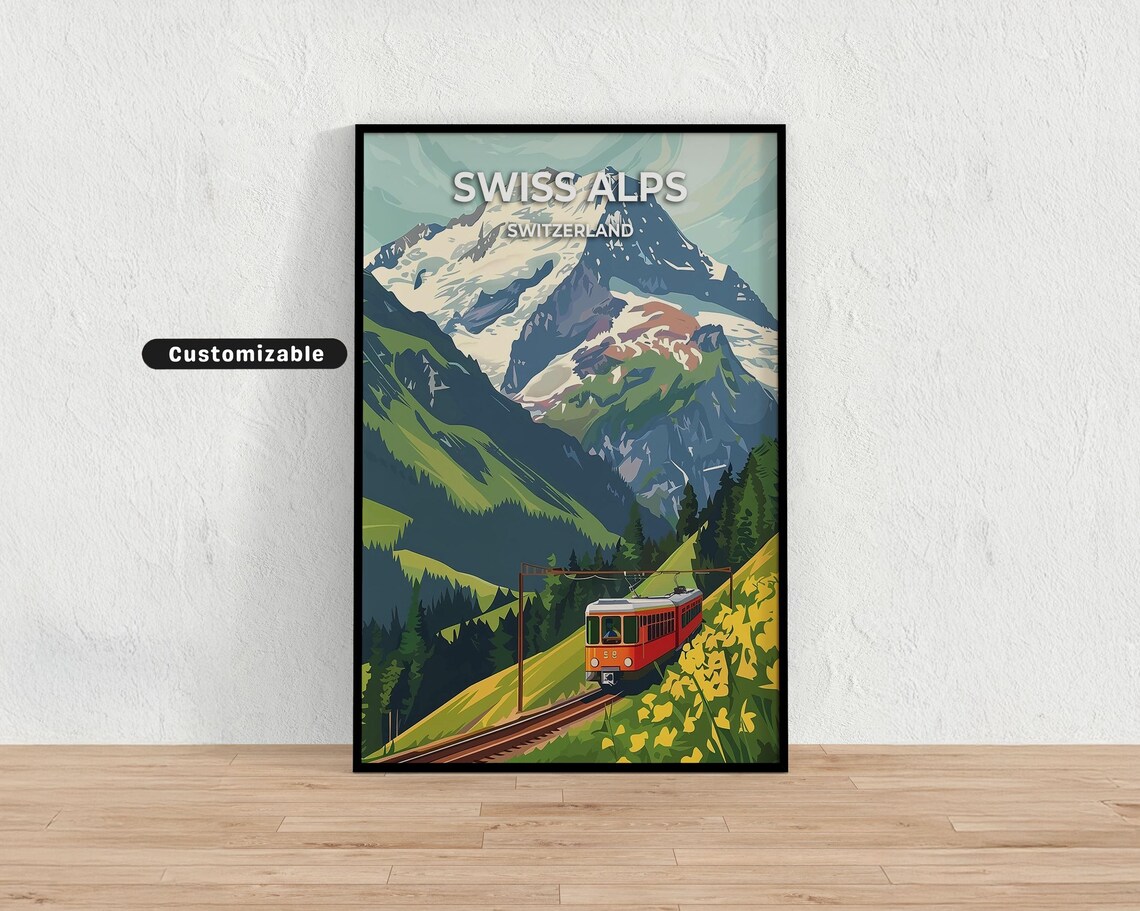 Swiss Alps Red Mountain Railway Train Peak Scenic Travel Poster