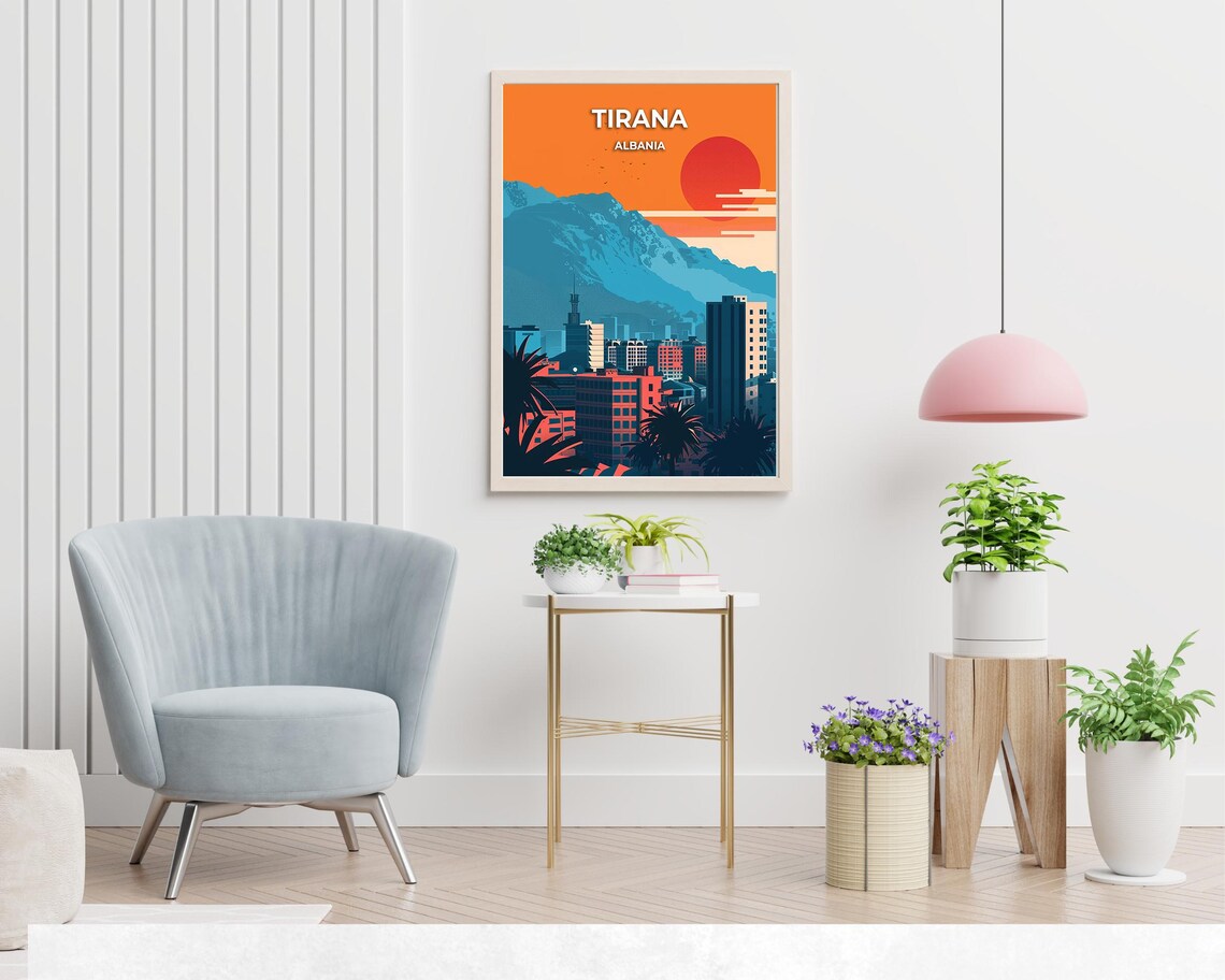 Tirana Albania City Skyline Mountain Sunset Vintage Travel Poster - Image 2