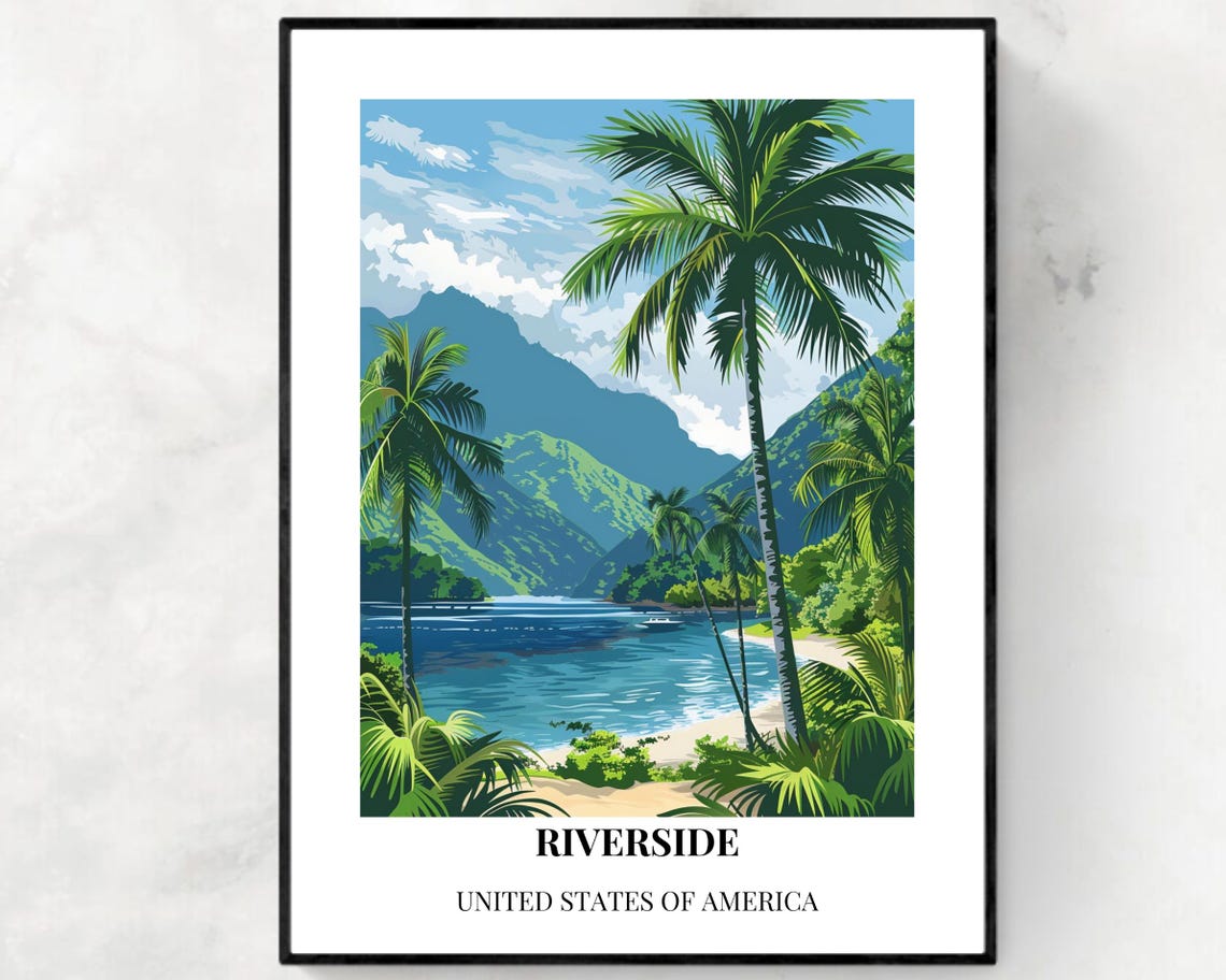 Riverside Palm Lagoon Tropical Sunset Vintage-Style Travel Poster