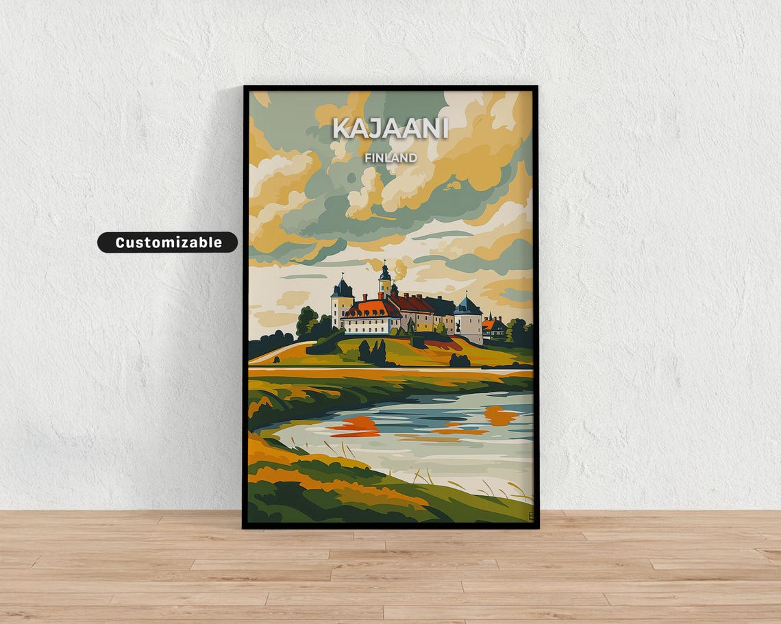 Kajaani Finland Riverside Manor Under Dramatic Clouds Travel Poster