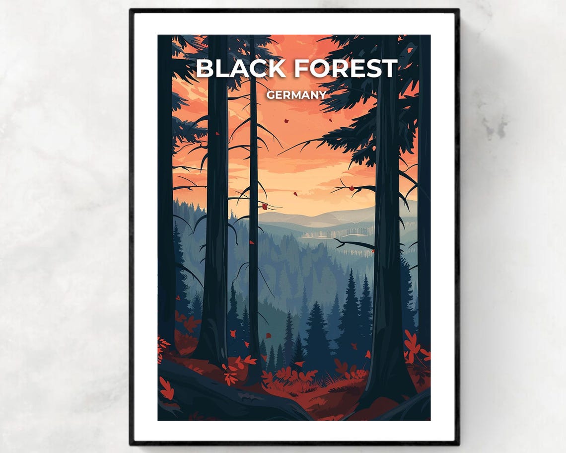 Black Forest Germany Sunset Among Towering Pine Trees Travel Poster