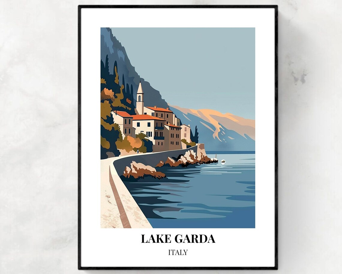 Lake Garda Italy Quiet Lakeside Village and Church Tower Poster