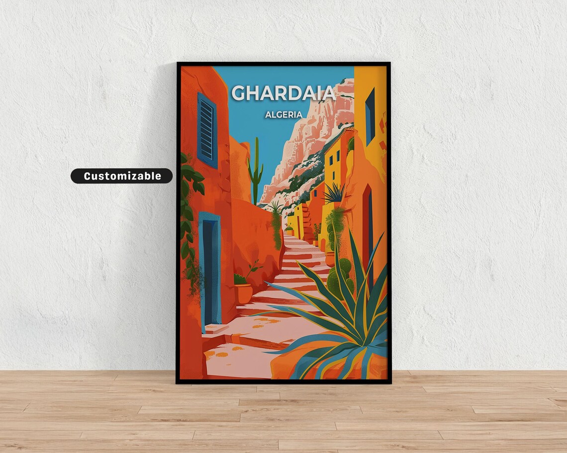 Ghardaia Algeria Terracotta Alley Stairs Retro Travel Poster