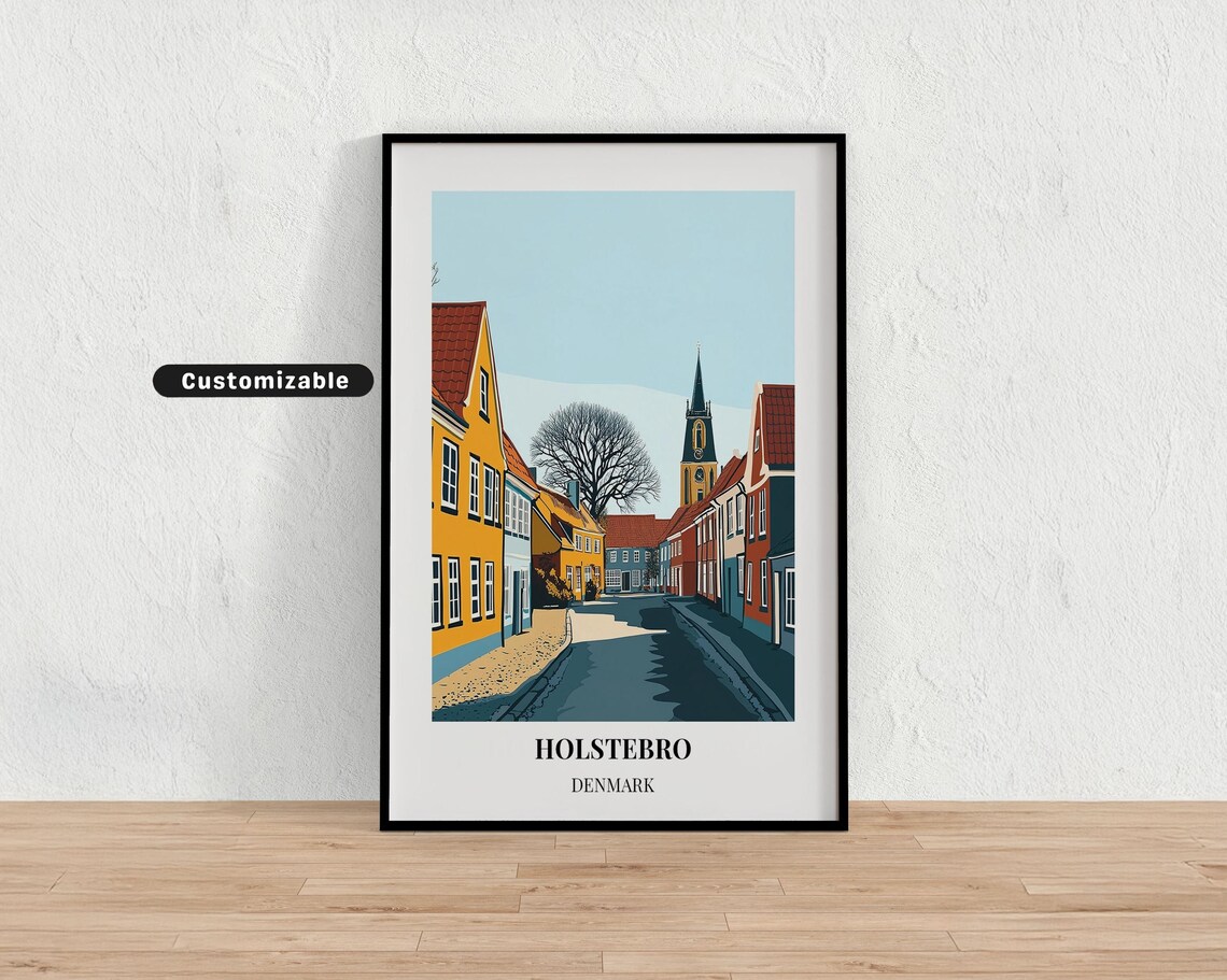Holstebro Denmark Old Town Street Church Spire Travel Poster
