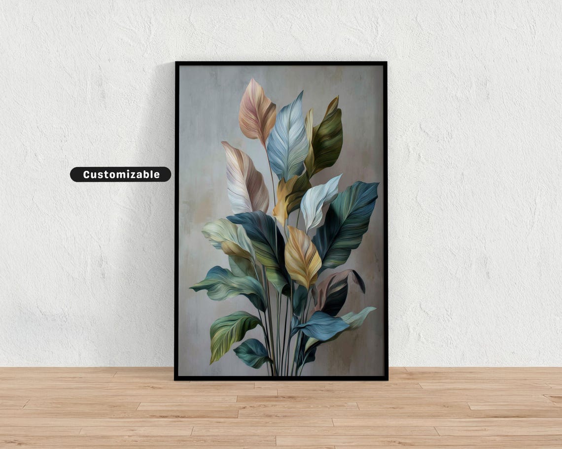 Modern Botanical Artwork With Large Soft Leaves Minimal Wall Art Neutral Nature Print