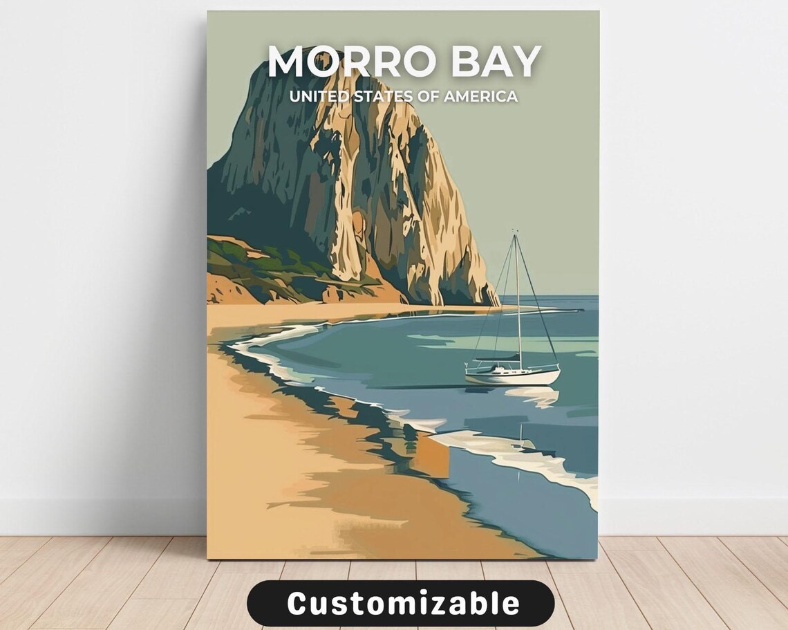Morro Bay United States Rock Shore Sailboat Retro Travel Poster