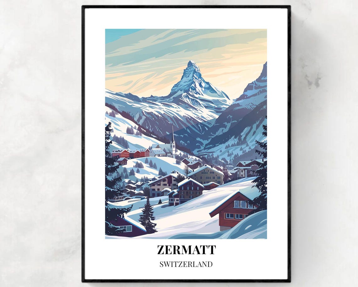 Zermatt Switzerland Matterhorn Snowy Alpine Village Travel Poster