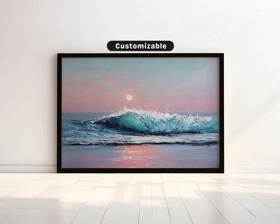 Minimalist Ocean Wave Cresting Moon Pink Sky Japanese Scenic Art Poster