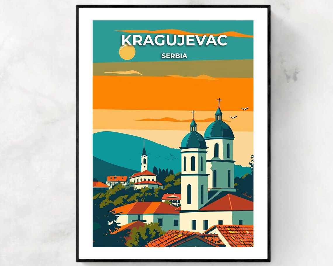 Historic Kragujevac Serbia Church Domes at Sunset Travel Poster