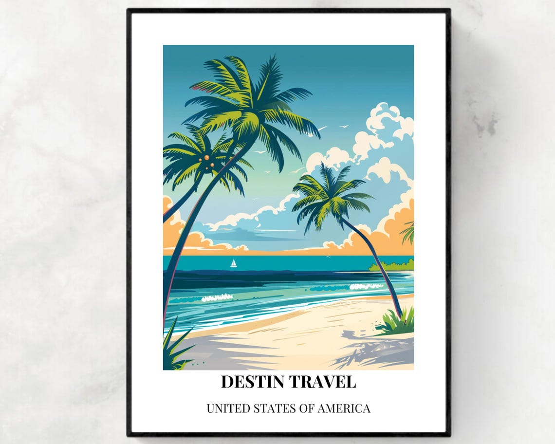 Destin Travel Florida Sunset Palms Beach Bottom Title Poster