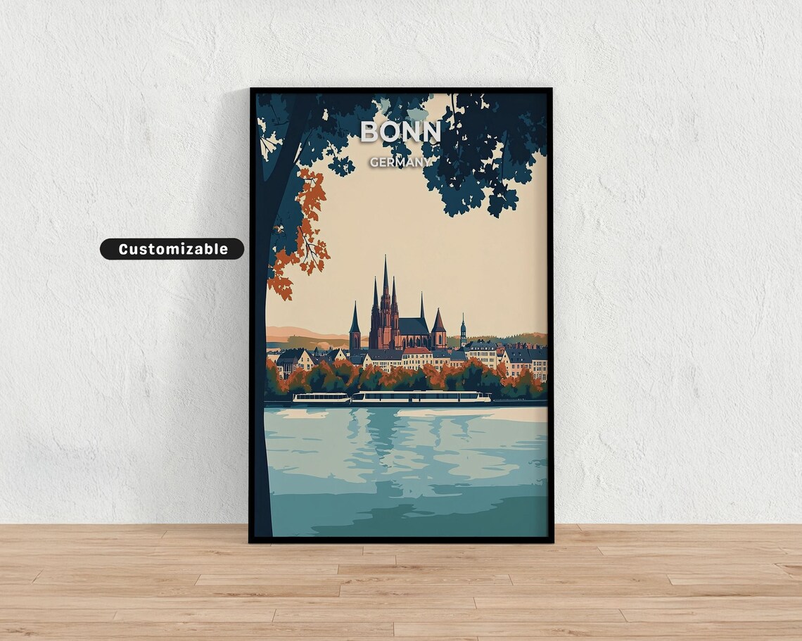 Bonn Germany Cathedral Skyline Rhine Ferry Vintage Style Travel Poster
