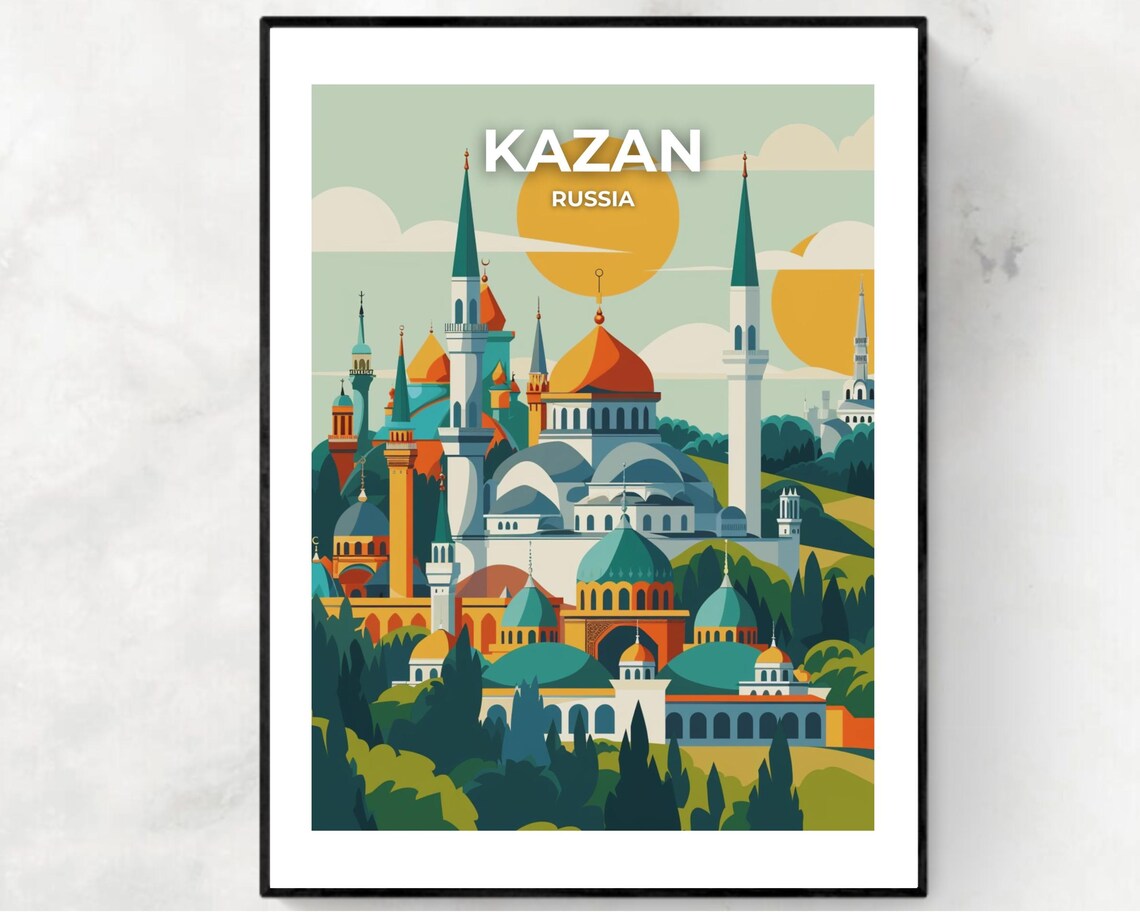 Kazan Russia Colorful Mosque and Kremlin Domes Daytime Travel Poster