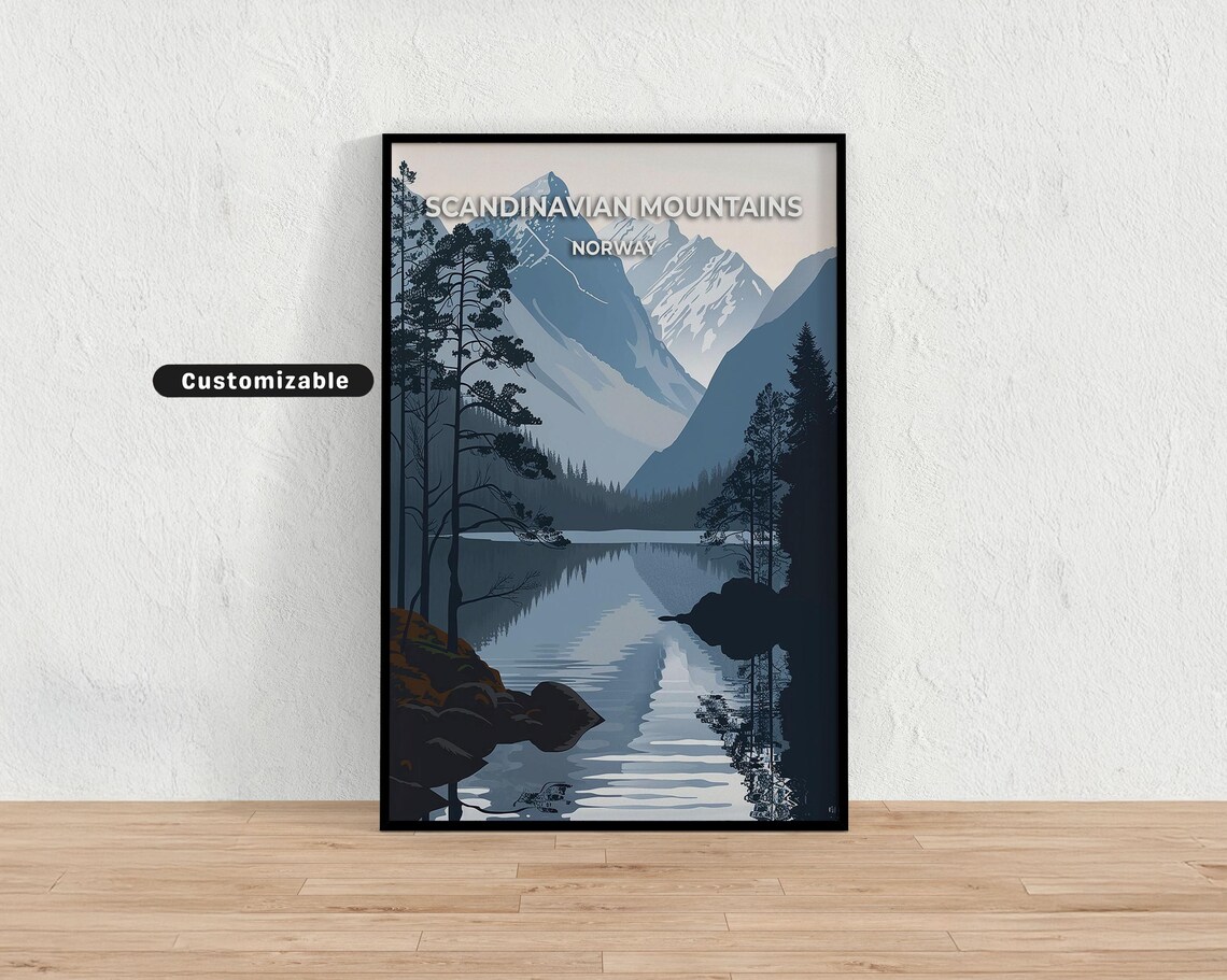 Scandinavian Mountains Norway Fjord Lake Pine Peaks Travel Poster