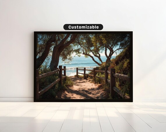 Sunlit Sandy Beach Path With Wooden Rails And Ocean View Poster