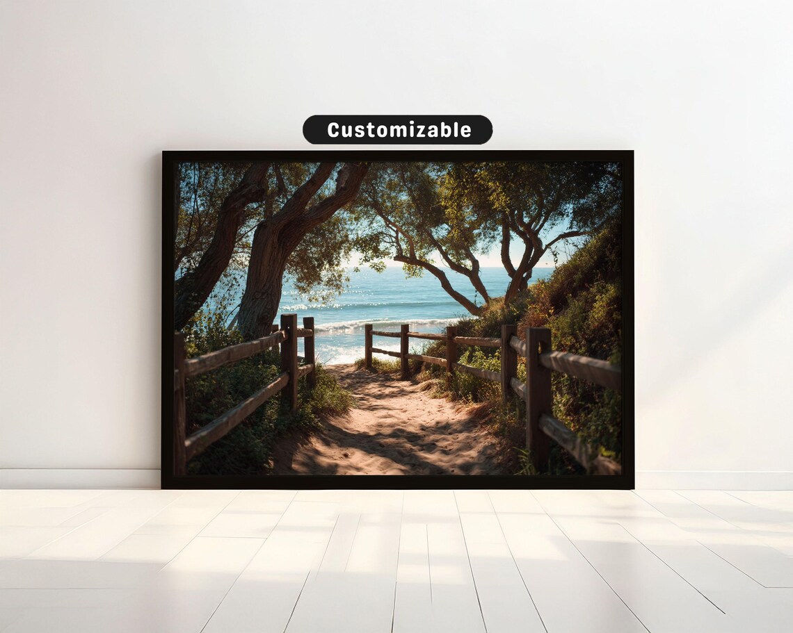 Sunlit Sandy Beach Path With Wooden Rails And Ocean View Poster