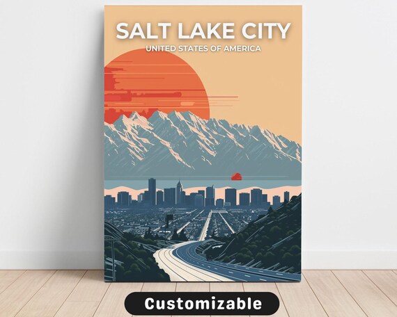 Salt Lake City Utah Sunset Mountain Skyline Retro Travel Poster