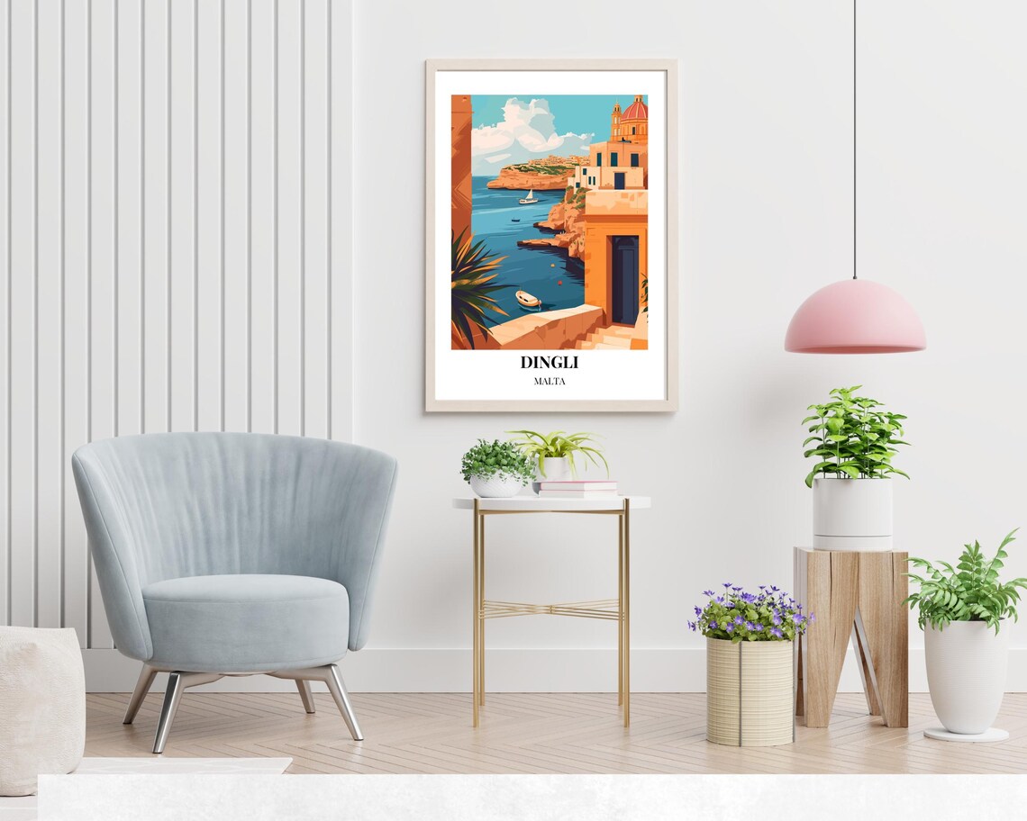 Dingli Malta Cliffside Coast with Boats and Church Travel Poster - Image 2
