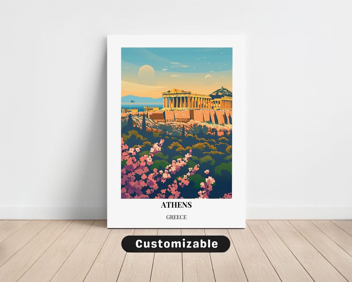 Athens Greece Acropolis Parthenon Vintage Sunset Travel Poster