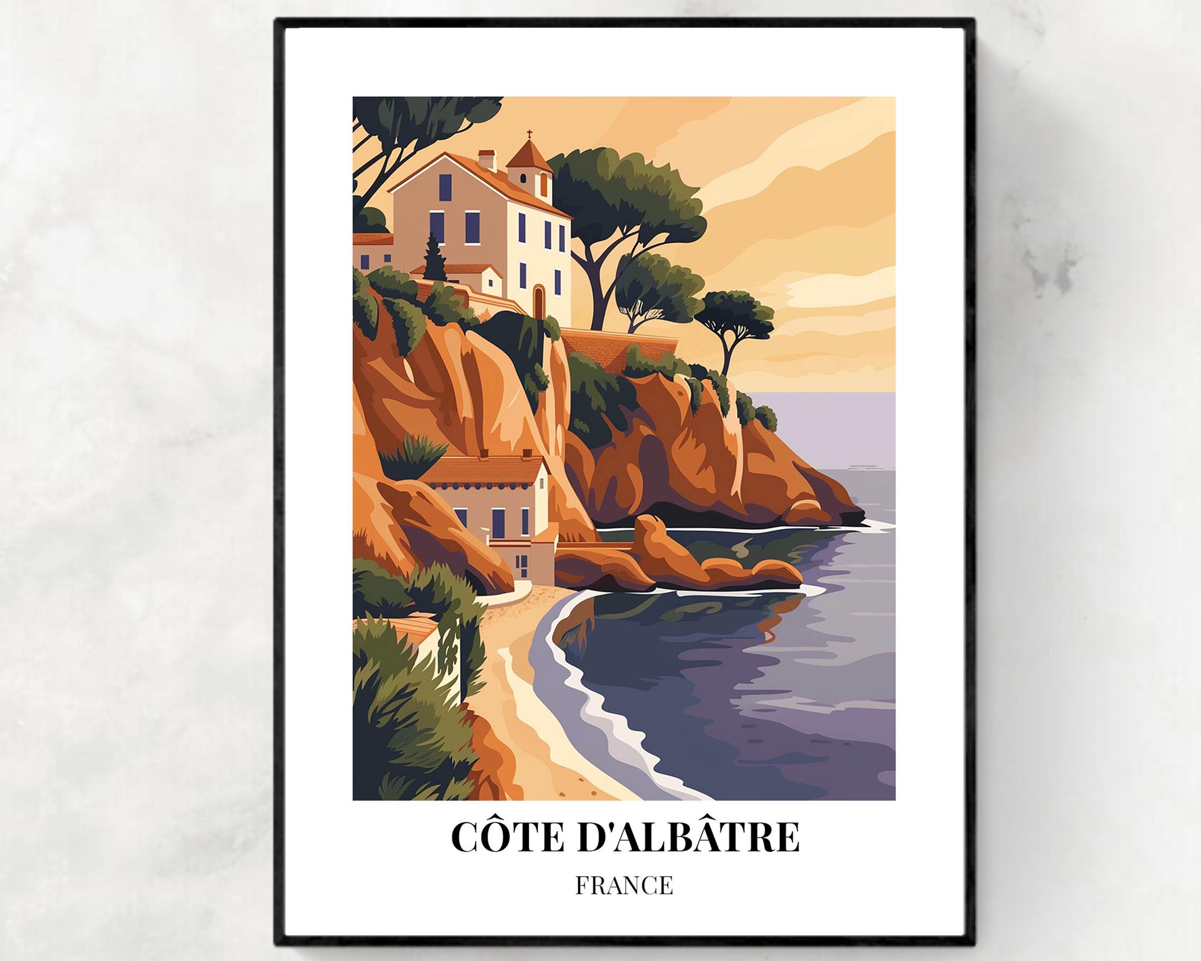 Cote d'Albatre France Sunset Cove Poster with Cliffside Chapel