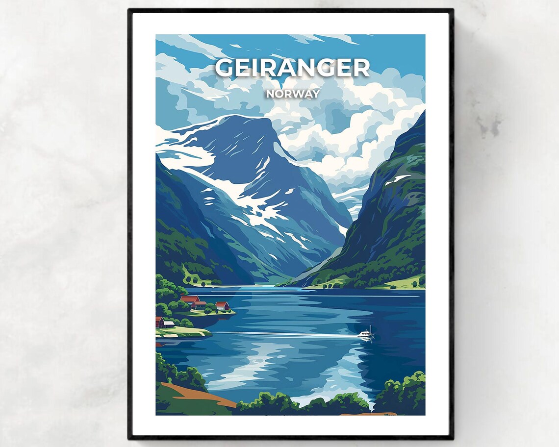 Geiranger Norway Fjord Mountains Lake Boat Scenic Nature Travel Poster