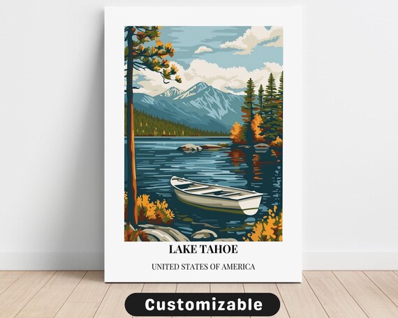 Lake Tahoe United States Vintage Canoe Lake Mountains Travel Print