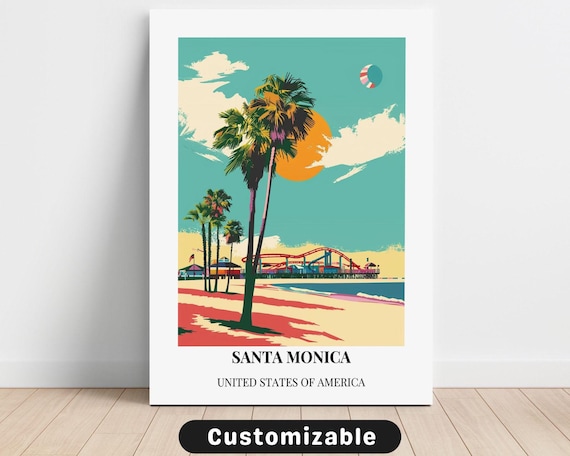 Santa Monica California Beach Pier Palm Trees Sunset Travel Poster