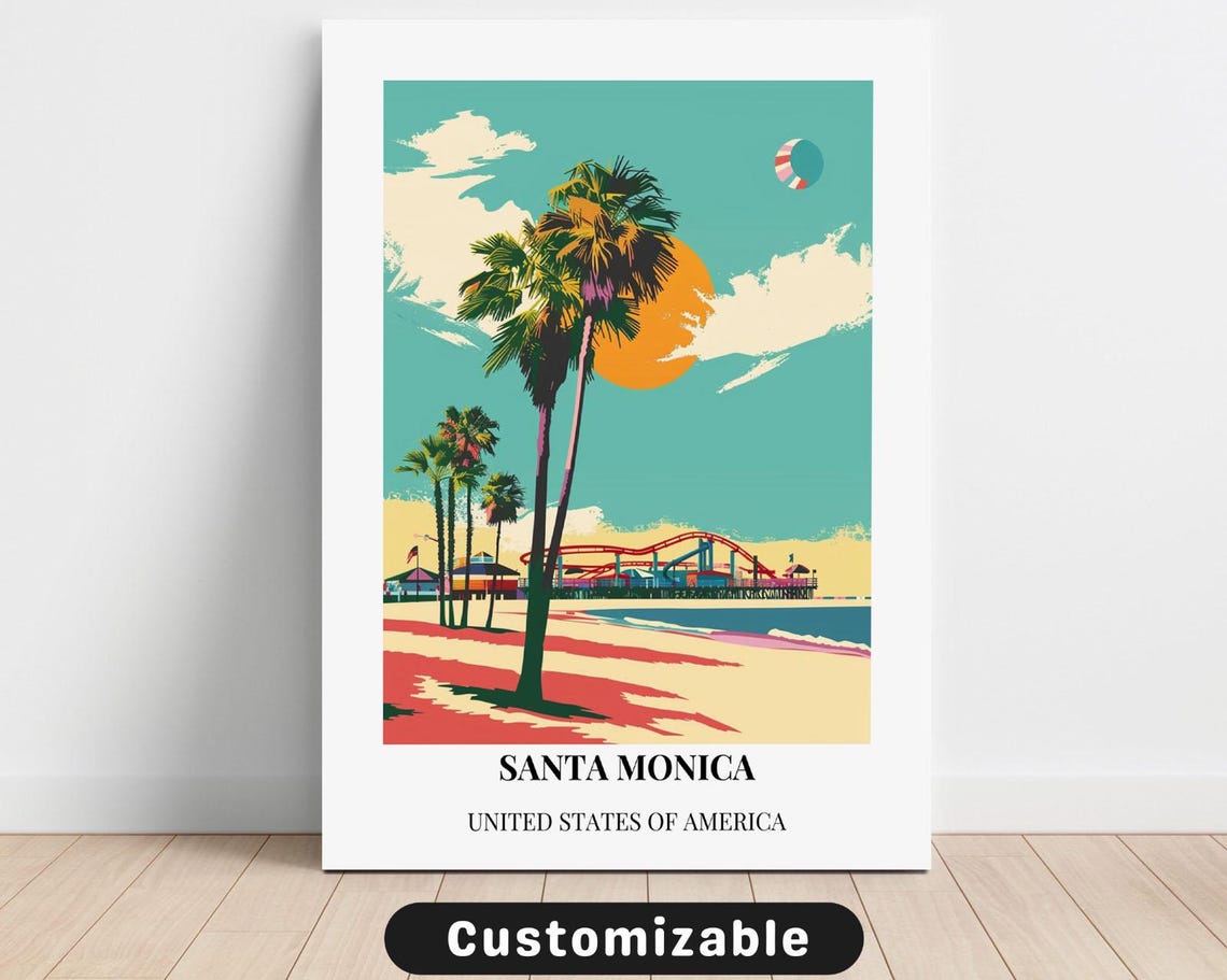Santa Monica California Beach Pier Palm Trees Sunset Travel Poster