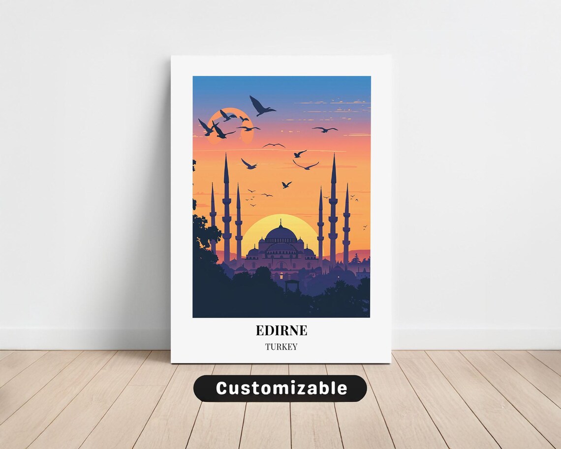 Edirne Turkey Mosque Sunset Silhouette Vintage Travel Poster
