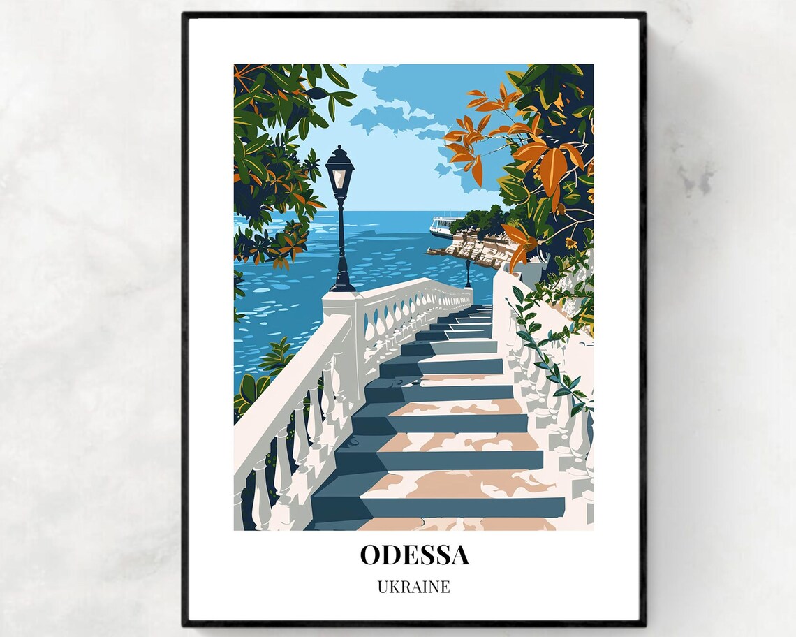 Odessa Ukraine White Seaside Staircase Lamp Sea Serene View Poster
