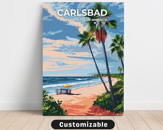 Carlsbad USA Vintage Beach Travel Poster Palm Trees Ocean View