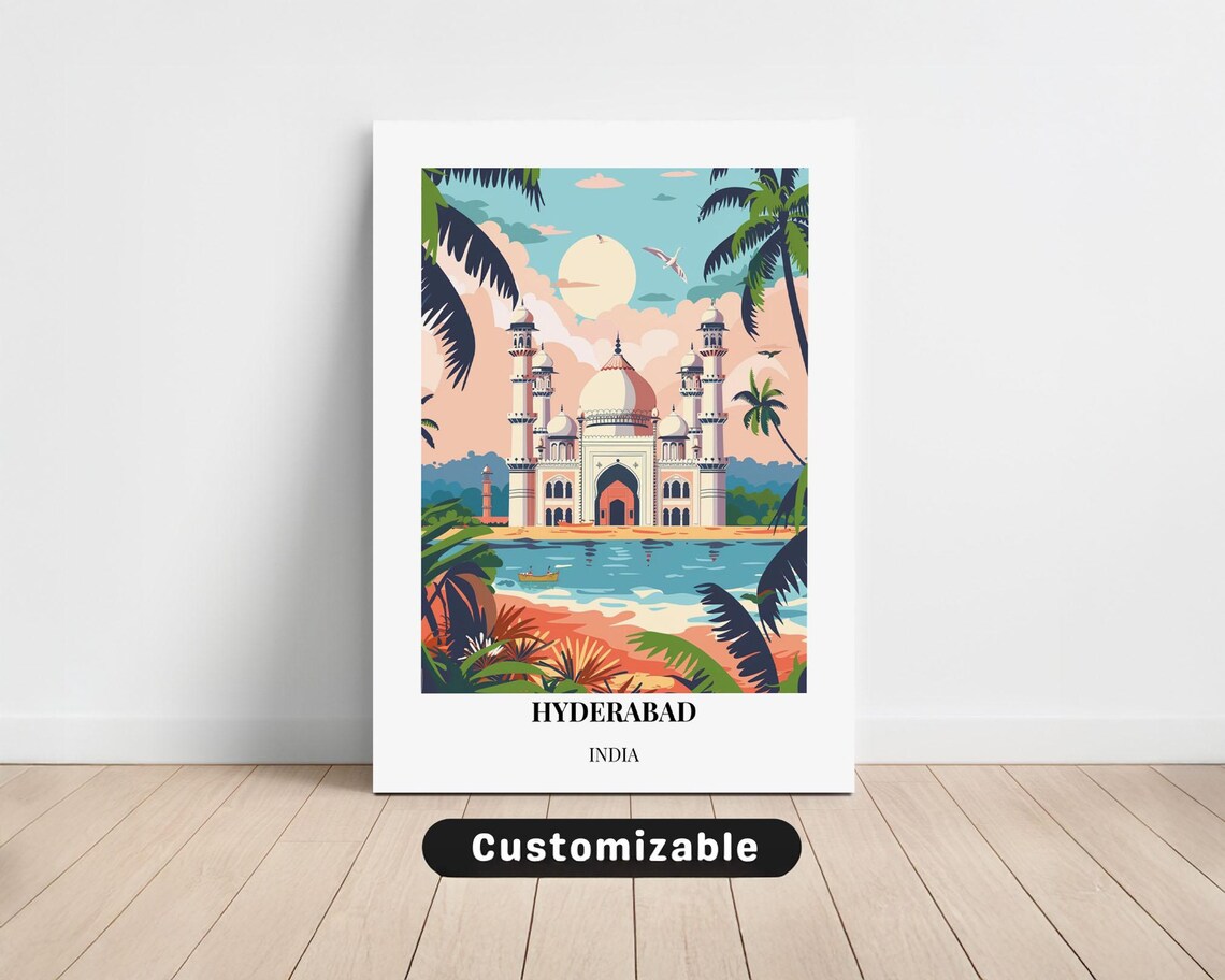 Hyderabad India White Mausoleum Sunset Vintage Travel Art Poster