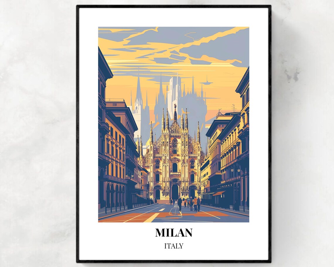 Milan Italy Duomo Cathedral at Sunset Street Travel Poster Art