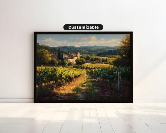 Sunlit French Vineyard Village Scene Warm Autumn Landscape Print