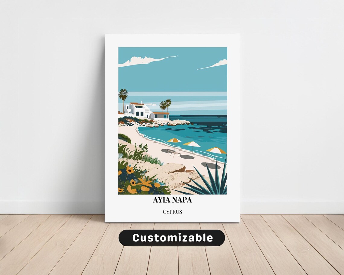 Ayia Napa Cyprus Beach Travel Poster with Customizable Name Option