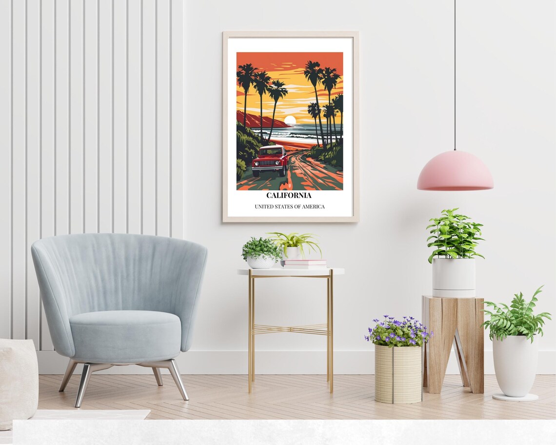 California Beach Road Red Vintage SUV Sunset Palms Travel Poster - Image 2