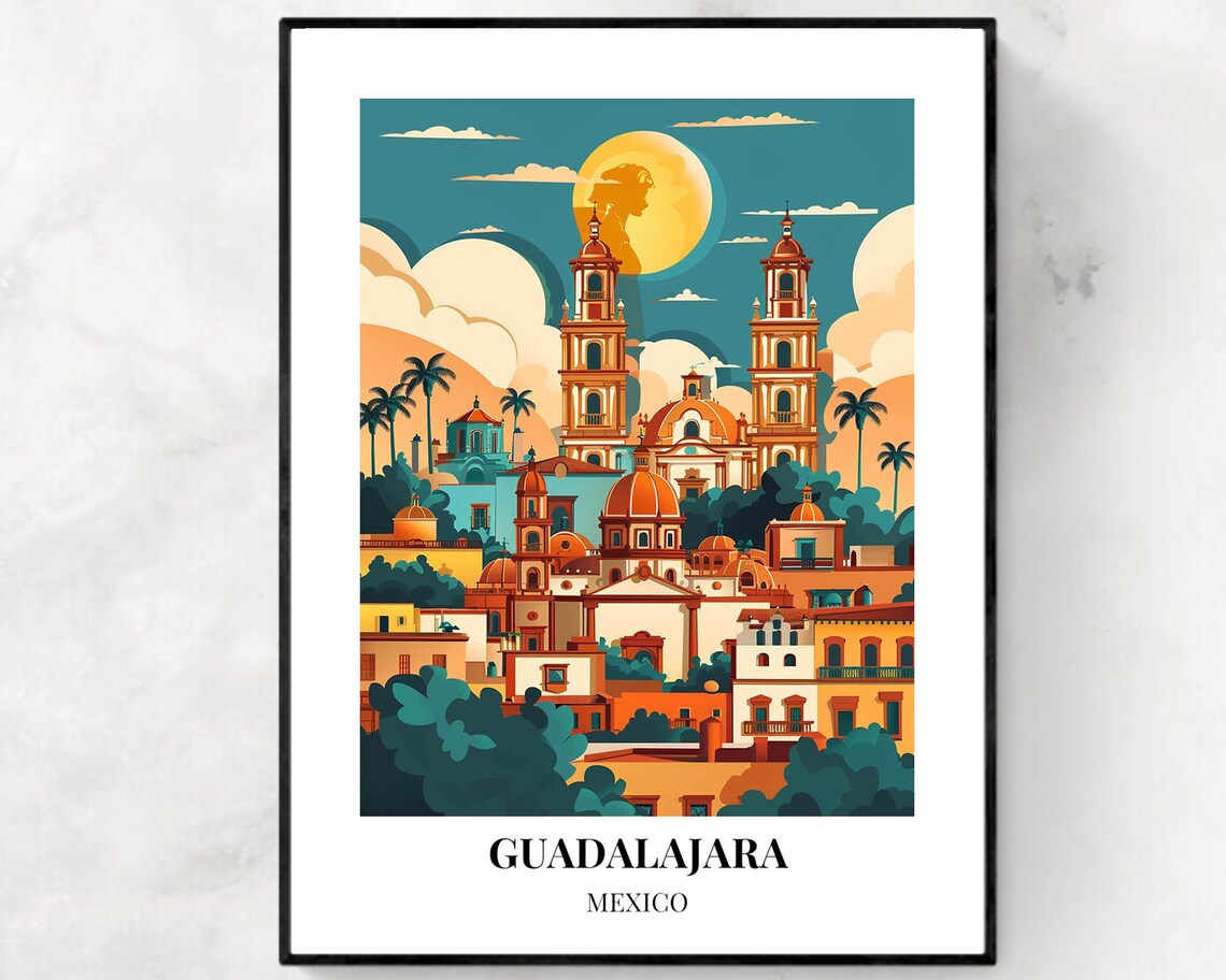 Guadalajara Mexico Cathedral Towers Golden Moon Night Poster